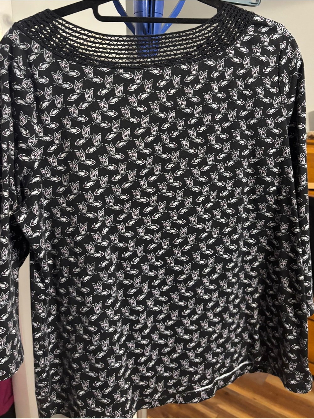 croft & barrow Black 3/4 Sleeve Top with White Butterfly Print and Woven Yoke - Picture 2 of 2